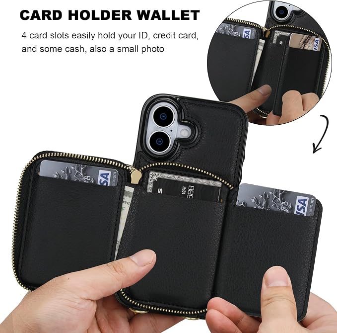Bocasal RFID Blocking Wallet Case for iPhone 17, Adjustable Crossbody Zipper Purse Case Card Holder with Kickstand Detachable Wrist Strap, PU Leather Flip Folio Case 6.3 Inch 5G (Black)