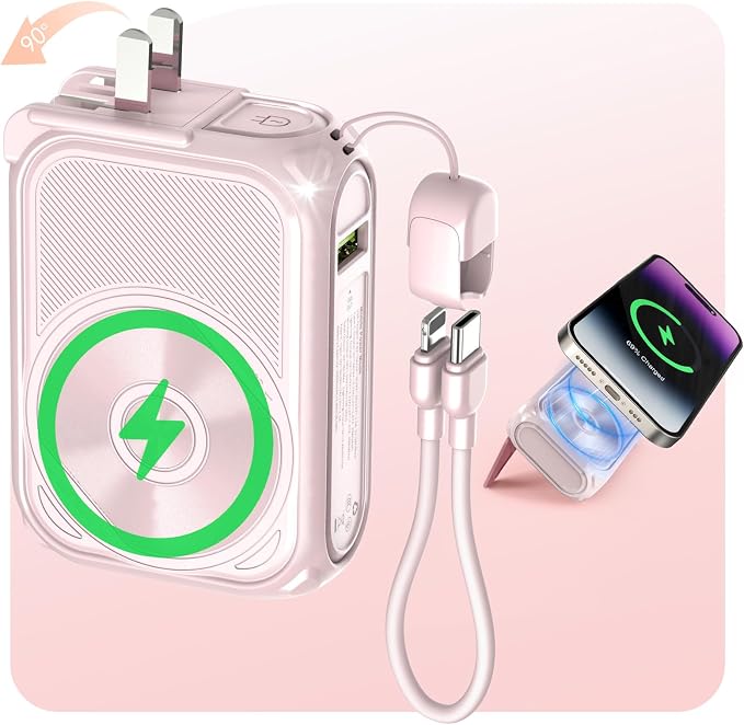 SEANCHEER P05 Portable Charger, Magnetic Power Bank, Small PowerBank, Battery Pack10000mAh Travel Essentials Fast Charging with Built in Cable, Foldable Wall Plug for iPhone,Samsung,Andriod (Pink)