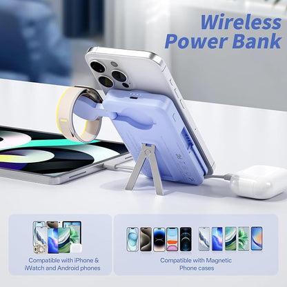 Magnetic Portable Charger Built-in Cables,10000mAh Fast Charging Wireless Charger Station External Battery Pack Slim Pocket Size Power Bank with Stand Compatible with iWatch, iPhone
