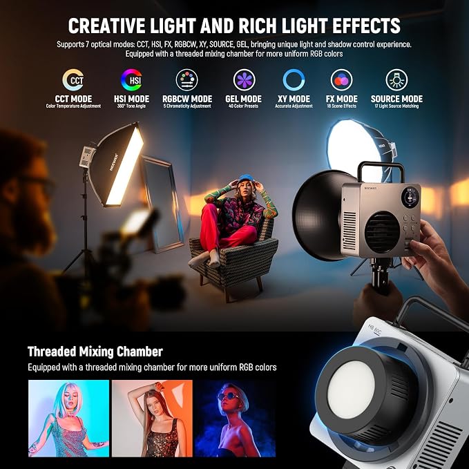 NEEWER 80W RGBWW LED Video Light with 72Wh Battery, 100W PD Fast Charger, APP/2.4G Control, 10400lux/m 2500K-7500K, Mini RGB Bowens Mount Studio Photography Recording Continuous Output Lighting, HB80C