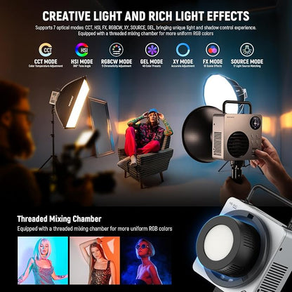 NEEWER 80W RGBWW LED Video Light with 72Wh Battery, 100W PD Fast Charger, APP/2.4G Control, 10400lux/m 2500K-7500K, Mini RGB Bowens Mount Studio Photography Recording Continuous Output Lighting, HB80C