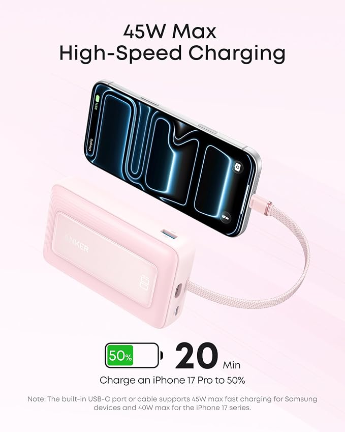 Anker Zolo Power Bank, 20,000mAh 45W Max Fast Portable Charger with Built-in USB-C Cable, USB C&A, 40W Battery Pack for iPhone 17 Series, MacBook, Samsung, and More (Charger Not Included)
