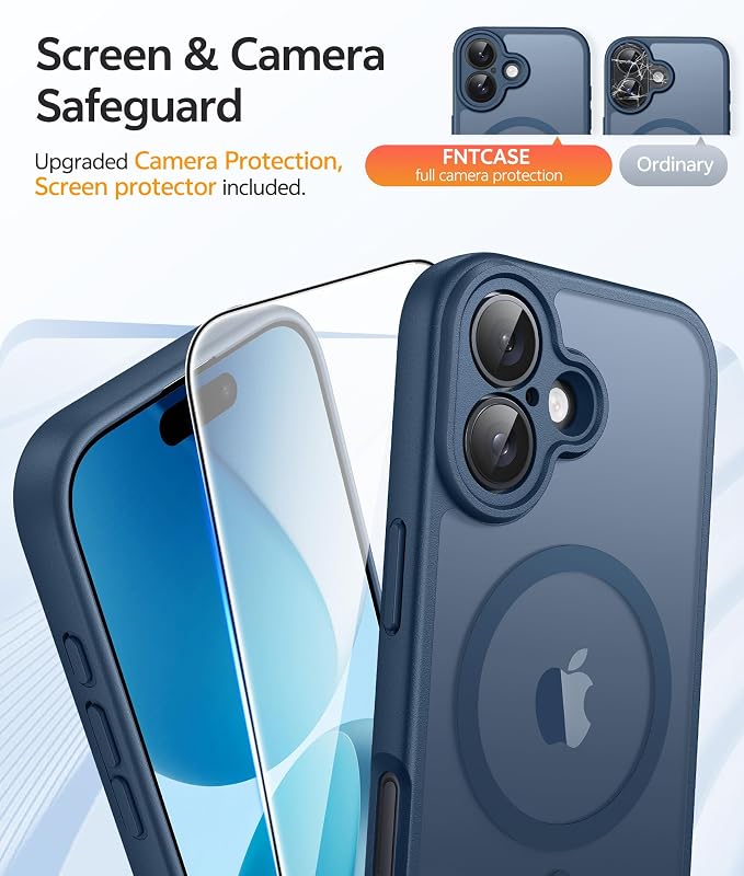 FNTCASE for iPhone 17 Case: [Compatible with Magsafe] Translucent Matte Cases with [Full Camera Protection] [Screen Protector] Military Grade Shockproof Protective Phone Cover - Blue