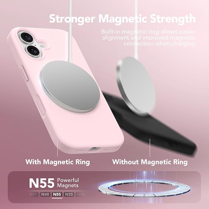 GONEZ Magnetic for iPhone 16 Case, Compatible with MagSafe, [Screen Protector + Camera Lens Protector], Liquid Silicone Shockproof Protective Phone Case for iPhone 16 6.1", Chalk Pink
