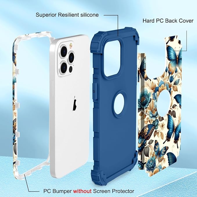 Hocase for iPhone 15 Pro Case, Heavy Duty Shockproof Protection Soft Silicone Rubber Bumper+Hard Plastic Hybrid Protective Case for iPhone 15 Pro 6.1" 2023 - Blue Butterflies