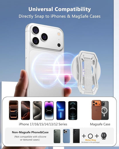 Oerwin for Magsafe Phone Grip Stand, 6-in-1 Magnetic Phone Holder for Magsafe Kickstand, 360° Rotation Phone Ring Holder with Elastic Strap, Compatible with iPhone 17/16/15/14/13/12 Series & Android