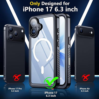 SPIDERCASE for iPhone 17 Case with Built-in Screen Protector, [Compatible with Magsafe] [IP68 Waterproof] 15FT Military Grade Shockproof Full Body Sealed Protective Case for iPhone 17 6.3", Black