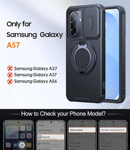 JAME for Samsung Galaxy A57 5G Case, Ring Holder Stand Kickstand, Slide Camera Cover, 2 Screen Protectors, Dual-Layer Shockproof Protective, Magnetic Accessory Friendly Galaxy A57 Phone Case, Black