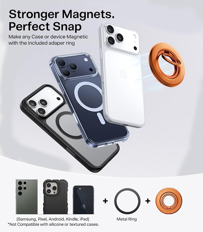 TORRAS 2025 Flagship Magnetic Phone Grip Ring Holder Kickstand [2-Sided Magnetic] [360 Rotation] Fit for MagSafe Accessories for iPhone 17 16 15 14 13 12 11 Samsung, Google, Orange