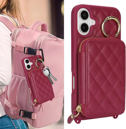 Crossbody Wallet Case for iPhone 17, PU Leather Zipper Handbag Purse Flip Cover, Kickstand Folio Case with Card Slots Holder Wrist Strap Lanyard 5G 6.3 Inch-Dark red