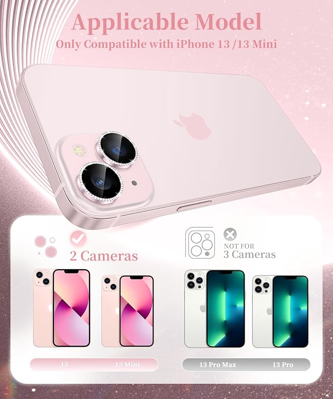 GolbinBox Camera Lens Protector for iPhone 13/13 Mini, 1:1 Invisible Fit, 9H Tempered Glass Ultra HD Metal Individual Camera Cover for Women, Case Friendly, Bling/Pink
