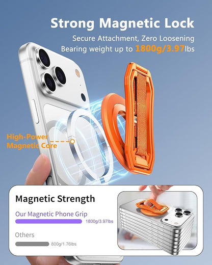 Oerwin for Magsafe Phone Grip Stand, 6-in-1 Magnetic Phone Holder for Magsafe Kickstand, 360° Rotation Phone Ring Holder with Elastic Strap, Compatible with iPhone 17/16/15/14/13/12 Series & Android