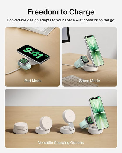 Belkin MagSafe Charger Compatible, 2-in-1 Wireless Charging Station, Qi2.2 25W Convertible Magnetic Charger for iPhone 17, Apple Watch Series 10, Google Pixel 10, and More (45W Adapter Included)
