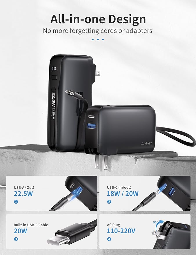 1 Pack Portable Charger with Built-in USB-C Cable & Plug, 10,000mAh 5V/4.5A Power Bank Fast Charging 22.5W, Travel Essential Battery Pack 3 Output for iPhone 16/15 Series, Samsung Galaxy, iPad