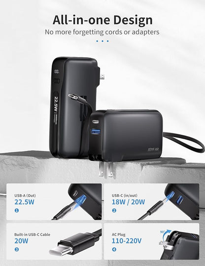 1 Pack Portable Charger with Built-in USB-C Cable & Plug, 10,000mAh 5V/4.5A Power Bank Fast Charging 22.5W, Travel Essential Battery Pack 3 Output for iPhone 16/15 Series, Samsung Galaxy, iPad