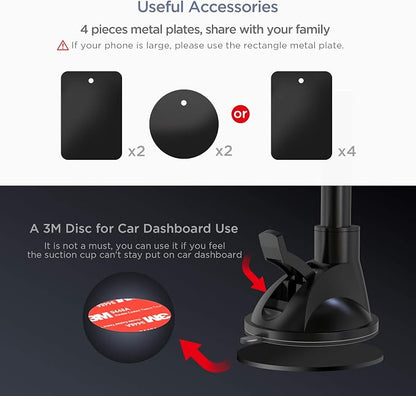 IPOW Long Arm Universal Magnetic Cradle Windshield Dashboard Cell Phone Mount Holder with 4 Metal Plates, Soft Firm Goose Arm & Enhanced Suction Cup