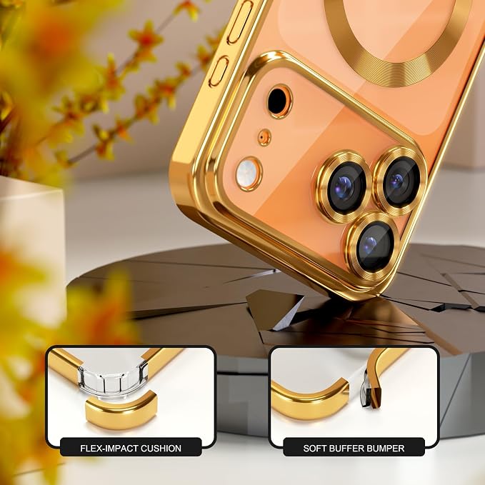 Misea Magnetic for iPhone 17 Pro Max Case Compatible with MagSafe [Never Yellowing] [Military Grade Drop Protection] Full Camera Lens Protector Plating Soft Clear Phone Case for Women, Gold