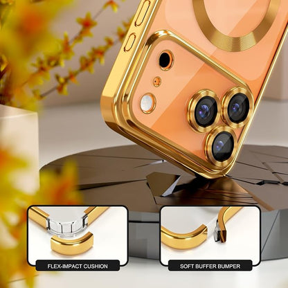Misea Magnetic for iPhone 17 Pro Max Case Compatible with MagSafe [Never Yellowing] [Military Grade Drop Protection] Full Camera Lens Protector Plating Soft Clear Phone Case for Women, Gold