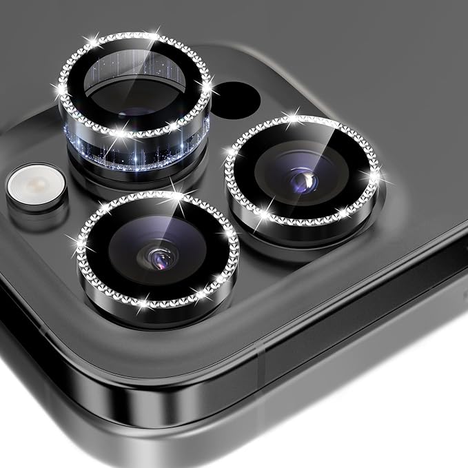GolbinBox Camera Lens Protector for iPhone 15 Pro/15 Pro Max, 1:1 Invisible Fit, 9H Tempered Glass Ultra HD Metal Individual Camera Cover for Women, Case Friendly, Bling/Black