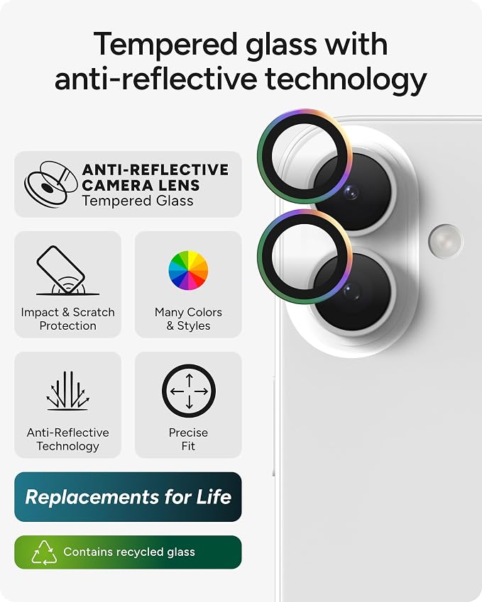 ZAGG iPhone Camera Lens Protector for iPhone 17/16/ 16 Plus - Iridescent, Camera Ring, Maximum Impact & Scratch Protection, Anti-Reflective Technology, Smudge-Resistant, Precise Fit, Glass Elite