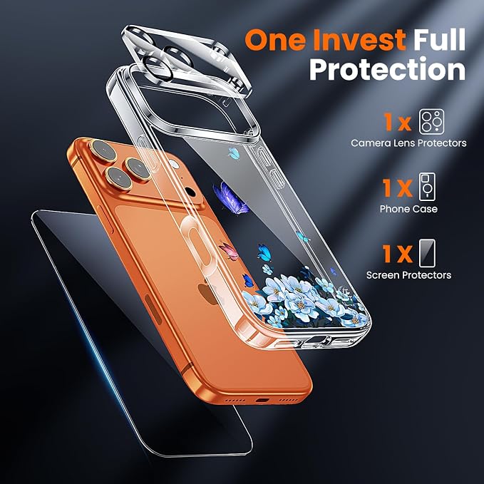 3 in 1 for iPhone 17 Pro Case Clear Printed Design | Yellowing-Resistant Acrylic Back, Screen Protector *1 & Camera Lens Protector*1, Military-Grade Protection