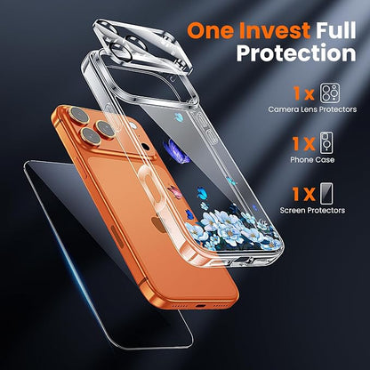 3 in 1 for iPhone 17 Pro Case Clear Printed Design | Yellowing-Resistant Acrylic Back, Screen Protector *1 & Camera Lens Protector*1, Military-Grade Protection