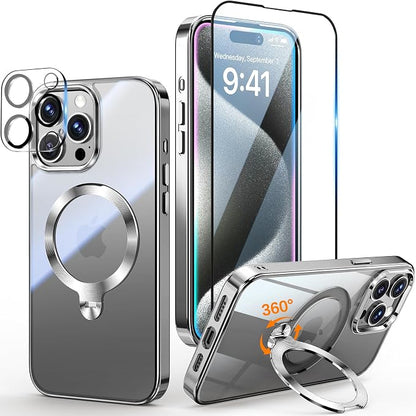 [Tri-Shield Protection] for iPhone 15 Pro Max Case with 360° Spin Stand Compatible with MagSafe [Magnetic CD Ring][Screen & Camera Protector]Shockproof Plating Never-Yellowing, Natural Titanium-6.7"