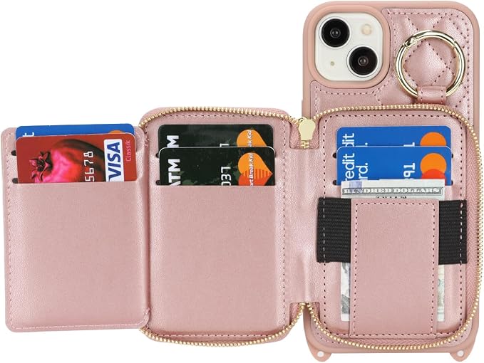 Crossbody Wallet Case for iPhone 14 Plus, PU Leather Zipper Handbag Purse Flip Cover, Kickstand Folio Case with Card Slots Holder Wrist Strap Lanyard 5G 6.7 Inch-Rose Gold
