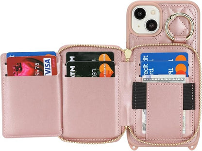 Crossbody Wallet Case for iPhone 14 Plus, PU Leather Zipper Handbag Purse Flip Cover, Kickstand Folio Case with Card Slots Holder Wrist Strap Lanyard 5G 6.7 Inch-Rose Gold
