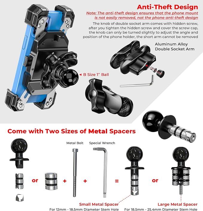VAZESWIN Motorcycle Fork Stem Phone Mount with Vibration Dampener, Motorcycle Cell Phone Holder with Aluminum Alloy Anti-Theft Short Arm, Fit 12mm to 25.4mm Diameter Stem Tubes, for 5.5"-7.2" Phones