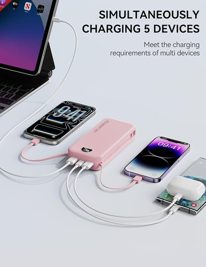 Nusyddy Portable Charger 20000mAh PD20W w/Built-in Cables & Wall Plug Pink | PD20W Fast Charging, High Capacity, LED Display, Charge 5 Devices at once, TSA Approved, Compatible with iPhone/iPad/Samsung
