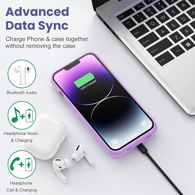 Feob Battery Case for iPhone 13/13 Pro/14,[2025 Upgraded] 7500 mAh Ultra-Slim Portable Extended Charger Cover for iPhone 13/13 Pro/14 Charging Case (6.1 Inch)-Purple