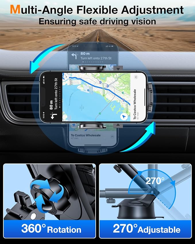 HTU 2026 Upgraded [True Military-Grade] Car Phone Holder【Safety Certs & No Smell】 Cell Phone Holder for Car Mount for Dashboard Windshield Air Vent Long Arm Thick Case,Black