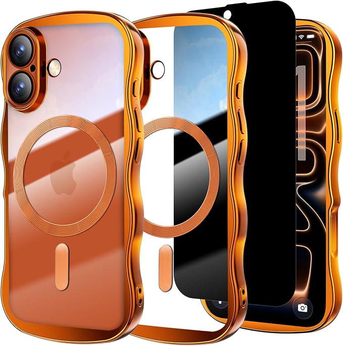 Misscase for iPhone 17 Case with Privacy Screen Protector,Compatible with MagSafe,Cute Wave Frame Anti-Scratch Case with Camera Lens Protector Plating Bling Case for iPhone 17 6.3" Women Orange