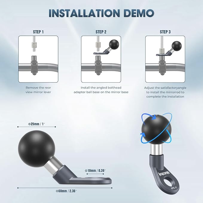 Motorcycle Phone Clip Kit, for 8-10mm Screw/Mirror Install, Anti-Theft Double Socket Arm/25mm Ball Top and Base, Suitable for Width of 2.56-3.74" Phone (KPS-04)