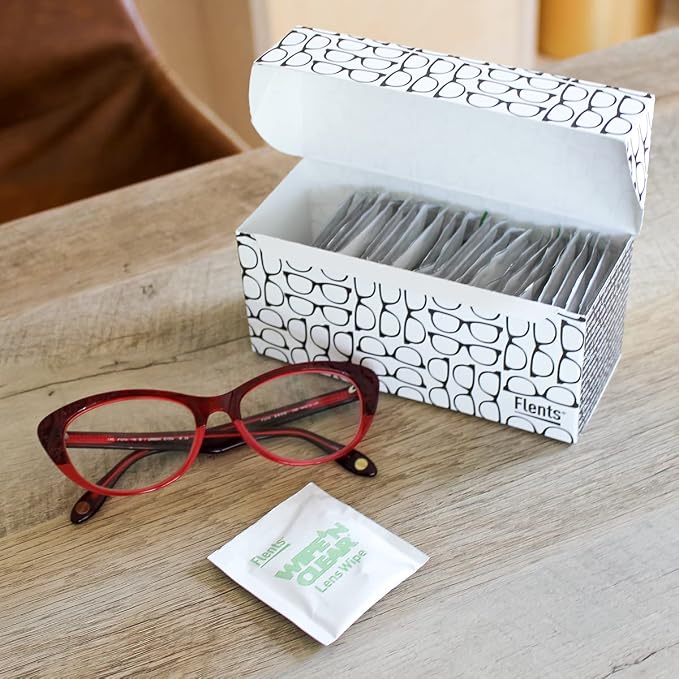 Flents Wipe N Clear Lens Wipes, 25 Count, Assorted Box Patterns for Glasses, Sunglasses, and Camera Lenses, Streak-Free, Anti-Fog, Portable Cleaning Cloths, Individually Wrapped, Pocket Sized
