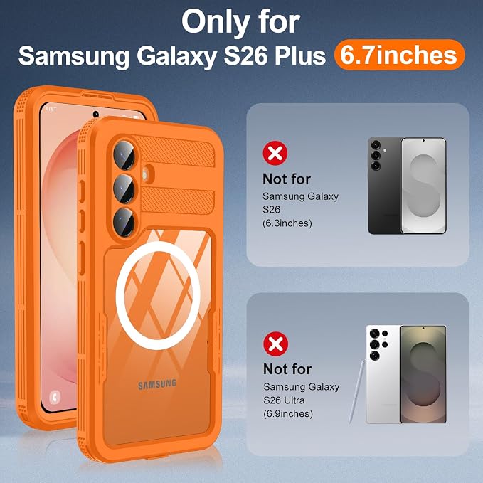 GOLDJU for Samsung Galaxy S26 Plus Case Waterproof, S26 Plus Case with Built-in Screen & Lens Protector, Shockproof Full Body Protection Phone Case, Compatible with MagSafe/Wireless Charging, Orange