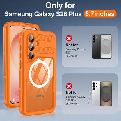 GOLDJU for Samsung Galaxy S26 Plus Case Waterproof, S26 Plus Case with Built-in Screen & Lens Protector, Shockproof Full Body Protection Phone Case, Compatible with MagSafe/Wireless Charging, Orange