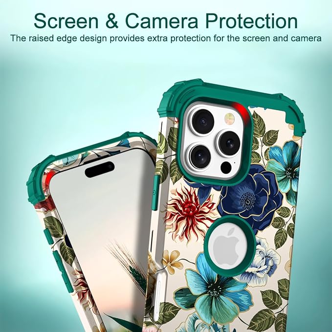 Hocase for iPhone 16 Pro Max Case, Heavy Duty Shockproof Protection Soft Silicone Rubber+Hard Plastic Bumpers Hybrid Protective Case for iPhone 16 Pro Max 2024 - Teal Flowers