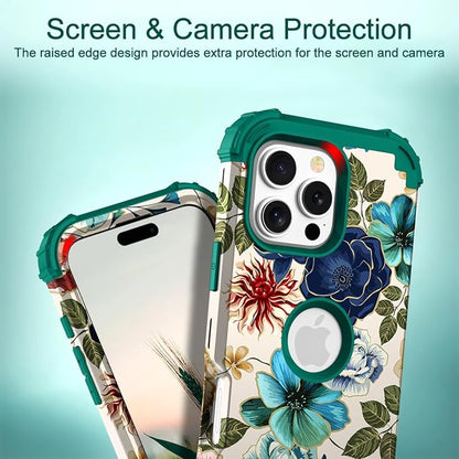 Hocase for iPhone 16 Pro Max Case, Heavy Duty Shockproof Protection Soft Silicone Rubber+Hard Plastic Bumpers Hybrid Protective Case for iPhone 16 Pro Max 2024 - Teal Flowers