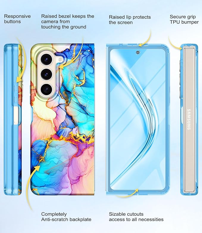 Btscase for Samsung Galaxy Z Fold 5 Case,Built in Front Screen Protector,Gold Glitter Marble Pattern Hard PC Slim Shockproof Full Body Drop Protective Case for Galaxy Z Fold 5 5G, Bright Blue
