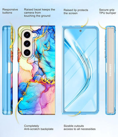 Btscase for Samsung Galaxy Z Fold 5 Case,Built in Front Screen Protector,Gold Glitter Marble Pattern Hard PC Slim Shockproof Full Body Drop Protective Case for Galaxy Z Fold 5 5G, Bright Blue