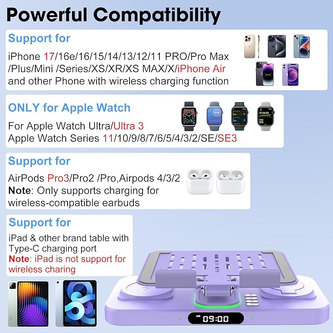 6 in 1 Wireless Charger for Apple Multiple Devices, Charging Station with Clock &7 Color Ambient Light, Foldable Rotate Stand for iPad, for iPhone17/16/15, Support for Apple Watch11/10 for AirPods4