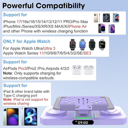 6 in 1 Wireless Charger for Apple Multiple Devices, Charging Station with Clock &7 Color Ambient Light, Foldable Rotate Stand for iPad, for iPhone17/16/15, Support for Apple Watch11/10 for AirPods4
