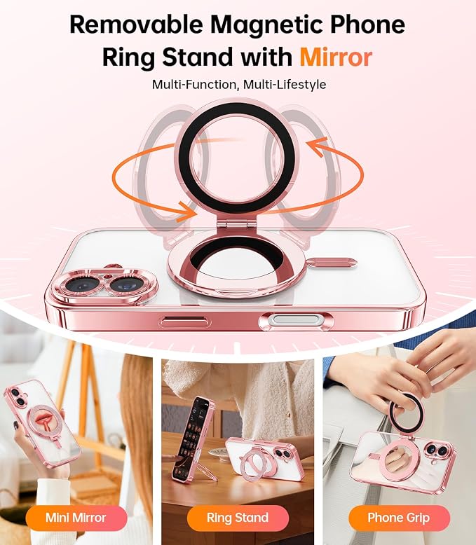 Meifigno Designed for iPhone 17 Case with Ring Stand (6.3"), [Built-in Mirror] [Compatible with MagSafe] [Glitter Card & Wrist Strap] Removable Phone Stand +Designed for iPhone 17 Case, Rose Gold
