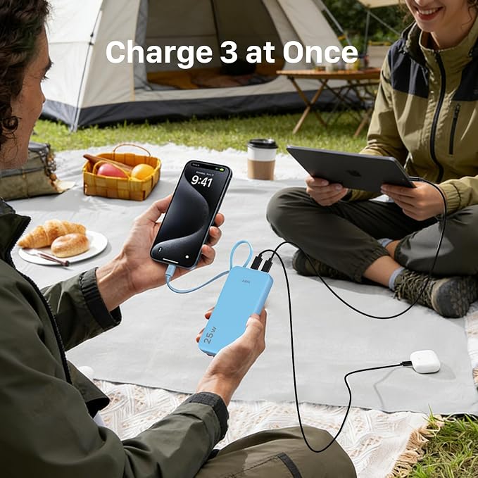 JUOVI 25W Portable Charger 10000mah Power Bank Built-in USB-C Cable | Battery Pack with LED Display, Portable Phone Charger for iPhone 17 16 15 14 Samsung S24 S23 iPad Tablets