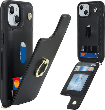 Lipvina for iPhone 14 Plus Case with Card Holder and Strap for Women,Crossbody Lanyard,RFID Blocking,Stand Ring Kickstand,Snap Clasp,Phone Wallet Cases 6.7 inch(Black)