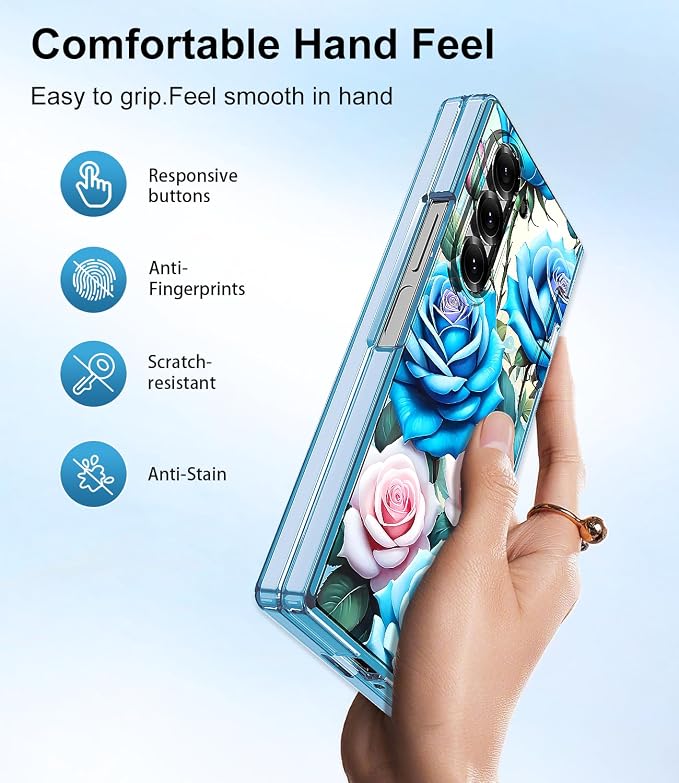 Btscase for Samsung Galaxy Z Fold 6 Case,Built in Front Screen Protector,Gold Glitter Marble Pattern Hard PC Slim Shockproof Full Body Drop Protective Case for Galaxy Z Fold 6 5G, Blue Rose
