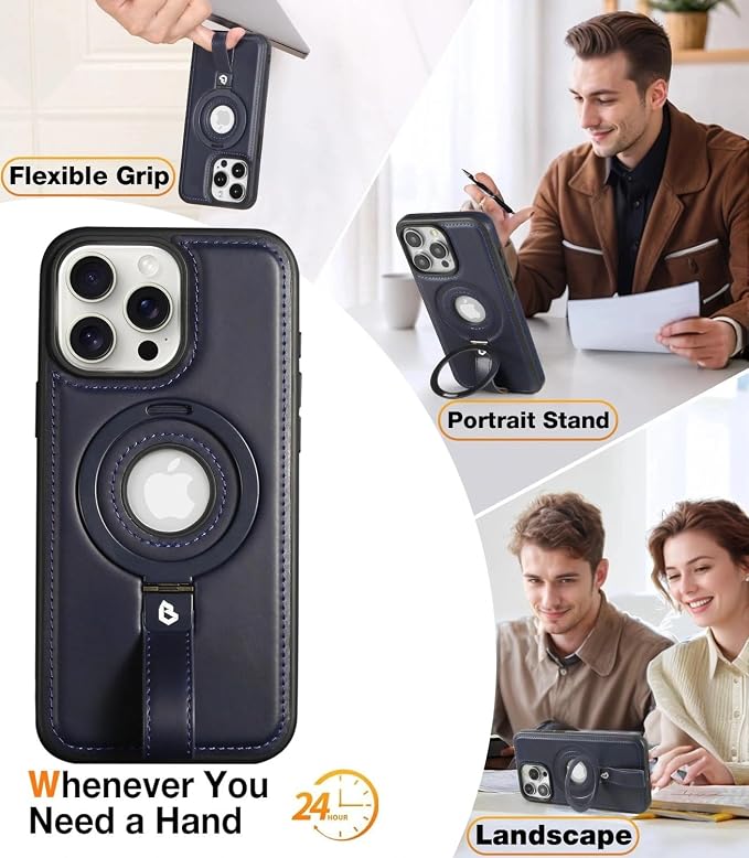 for iPhone 14 /iPhone 13 Leather Case with Stand, Anti-Slip Grip Ring, Fits for MagSafe (Blue, iPhone 14/13)