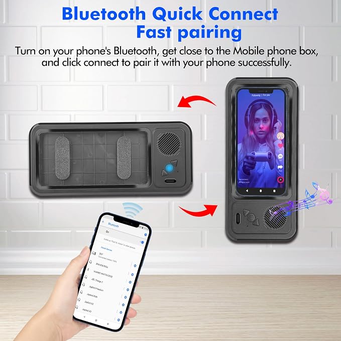Wireless Bluetooth Speaker for Bathroom , Shower Phone Holder Speaker , Waterproof 360 Rotation Viewable Shower Phone Case Speakers for Bathroom Wall Mirro Compatible with iPhone, Galaxy(Black)